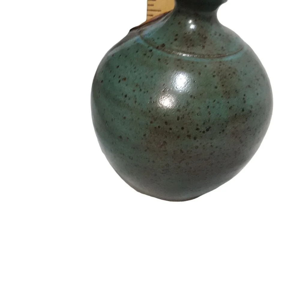 Signed Studio Pottery‎ Bud Vase Teal Green Speckled Glaze Artisan Stoneware